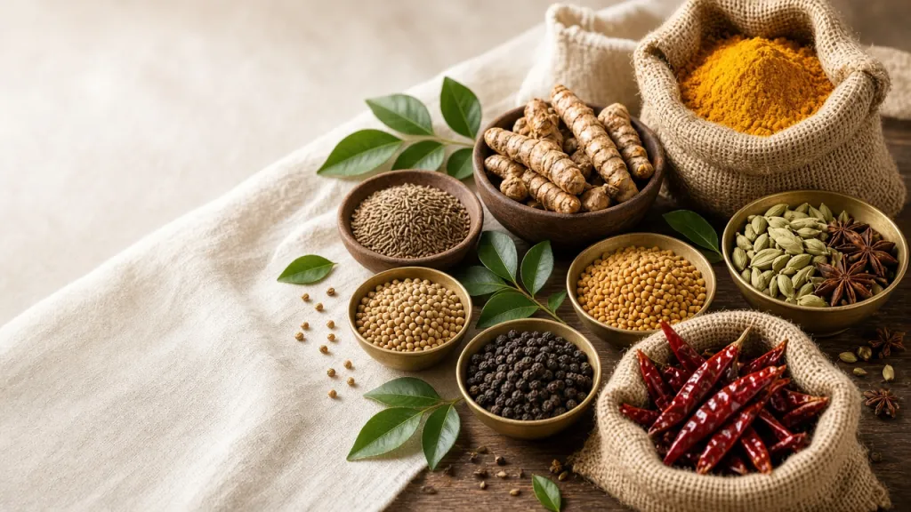 Turmeric powder and dried turmeric fingers, dried red chillies, black pepper, cumin, coriander, cardamom and star anise in bowls and jute sacks