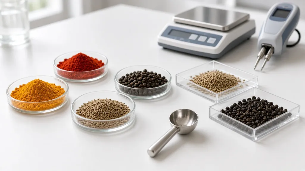 Samples of turmeric, chilli powder, black pepper and seeds laid out beside a weighing scale and moisture meter for inspection